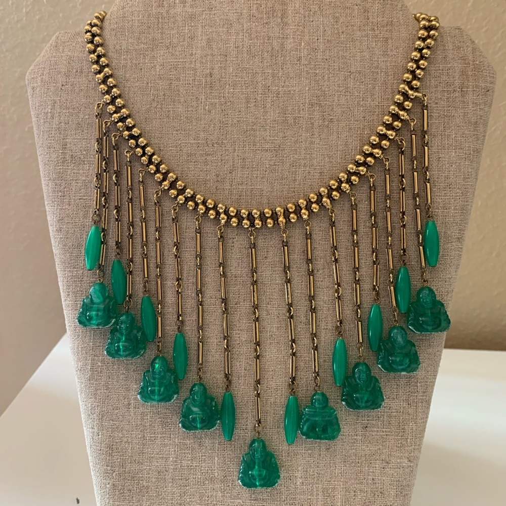 Vintage Costume Elegant Gold and Green Buddha Necklace